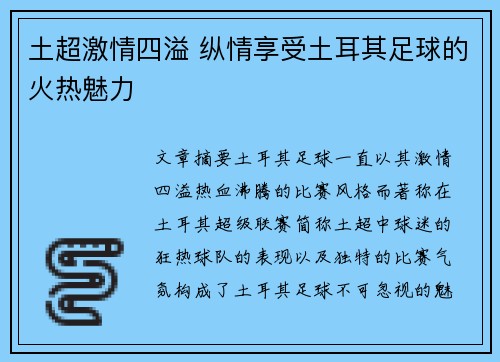土超激情四溢 纵情享受土耳其足球的火热魅力 土超激情四溢 纵情享受土耳其足球的火热魅力