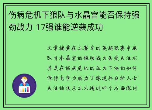 伤病危机下狼队与水晶宫能否保持强劲战力 17强谁能逆袭成功 伤病危机下狼队与水晶宫能否保持强劲战力 17强谁能逆袭成功